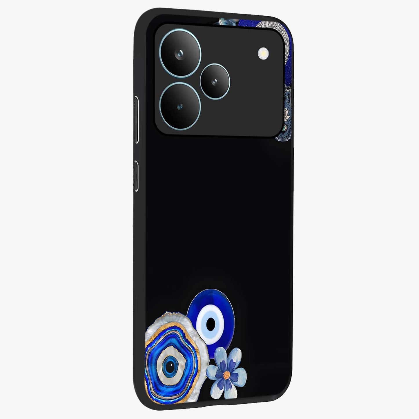 Aesthetic Blue Evil Eye Glass Case upright view showcasing mystical evil eye graphic with minimal aesthetic style.