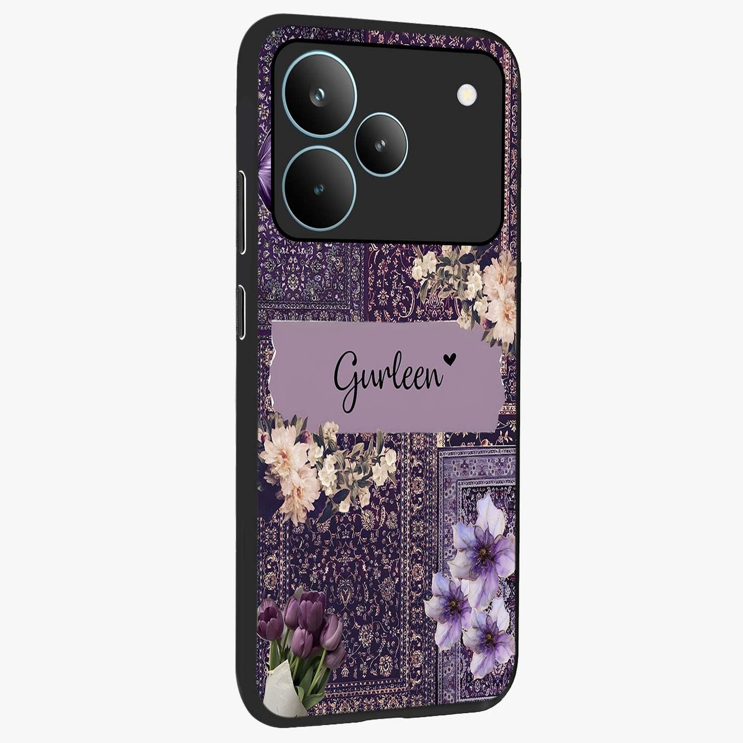 Antique Floral Whisper Custom Name Glass Case upright view showcasing delicate floral artwork with custom name feature.