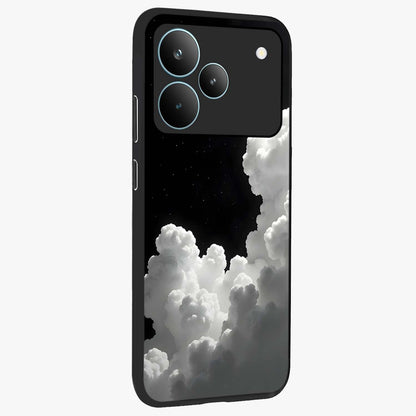 Black Background With White Cloud Glass Case upright view showcasing calm cloud aesthetic with modern minimal style.