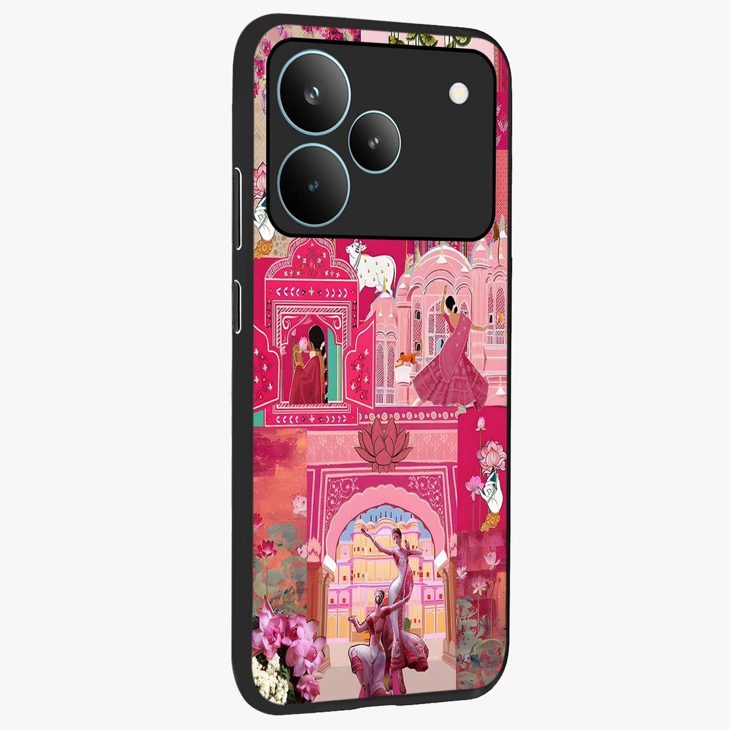 Blossoms of Rajasthan Glass Case upright view showcasing colorful floral design inspired by traditional Indian art.