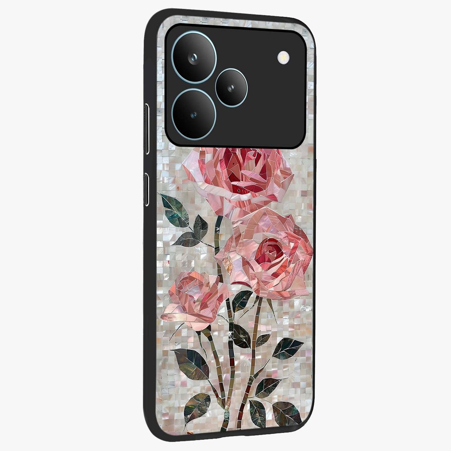 Blush Mosaic Bloom Glass Case upright view showcasing decorative floral mosaic artwork with stylish modern aesthetic.