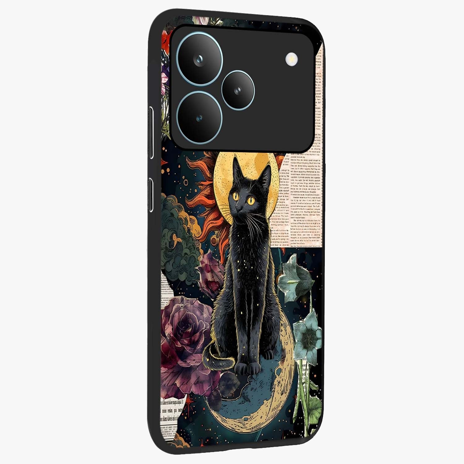 Celestial Black Cat Glass Case upright view showcasing magical black cat illustration with starry cosmic theme.