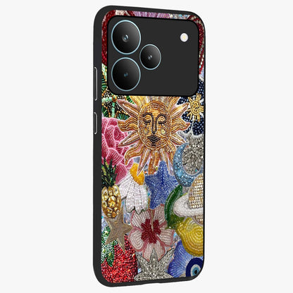 Celestial Floral and Playful Glass Case upright view showcasing whimsical floral artwork with cosmic aesthetic theme.