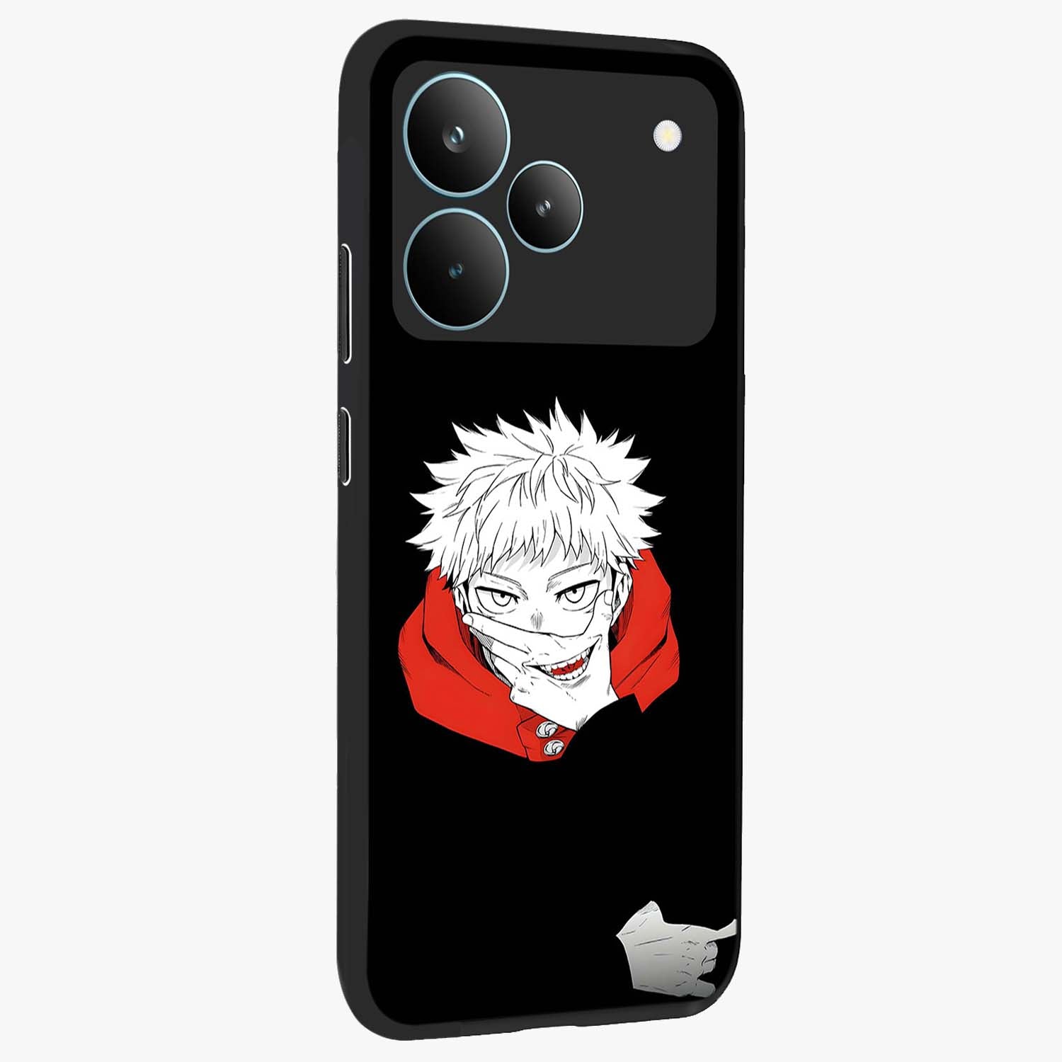 Crimson Chaos Smile Glass Case upright view showcasing expressive chaotic artwork with striking visual theme.