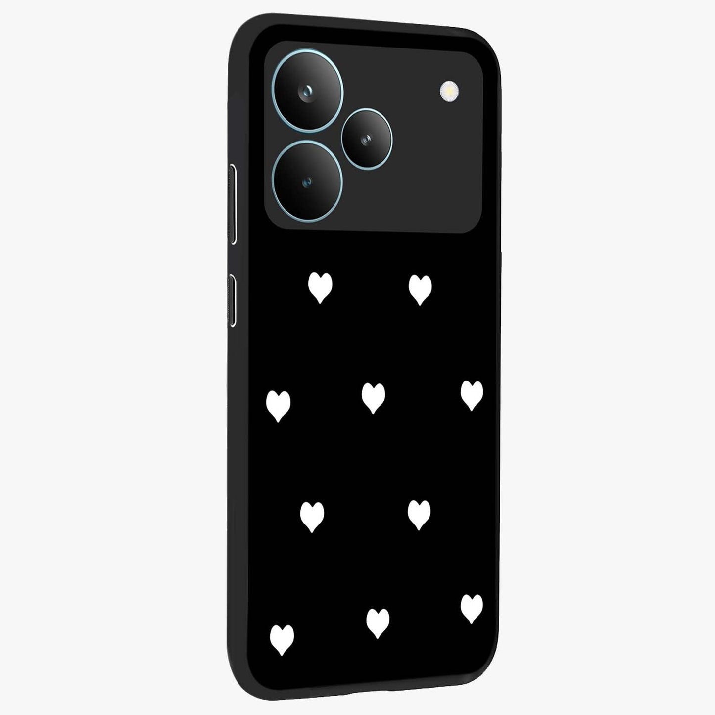 Cute And Simple White Hearts Glass Case upright view showcasing simple white hearts artwork with soft minimal theme.