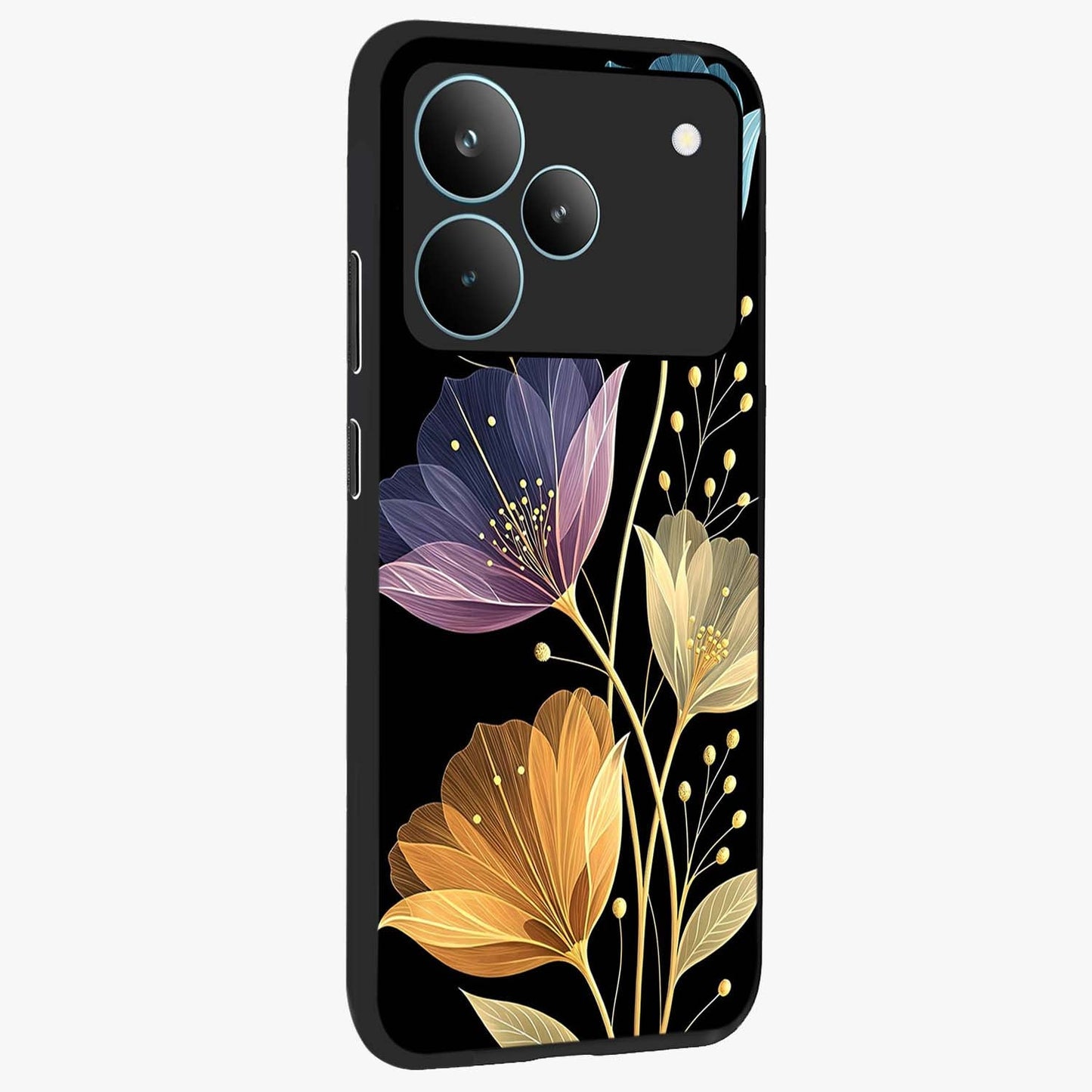 Delicate Multicolor Flowers Glass Case upright view showcasing delicate floral artwork with bright botanical theme.