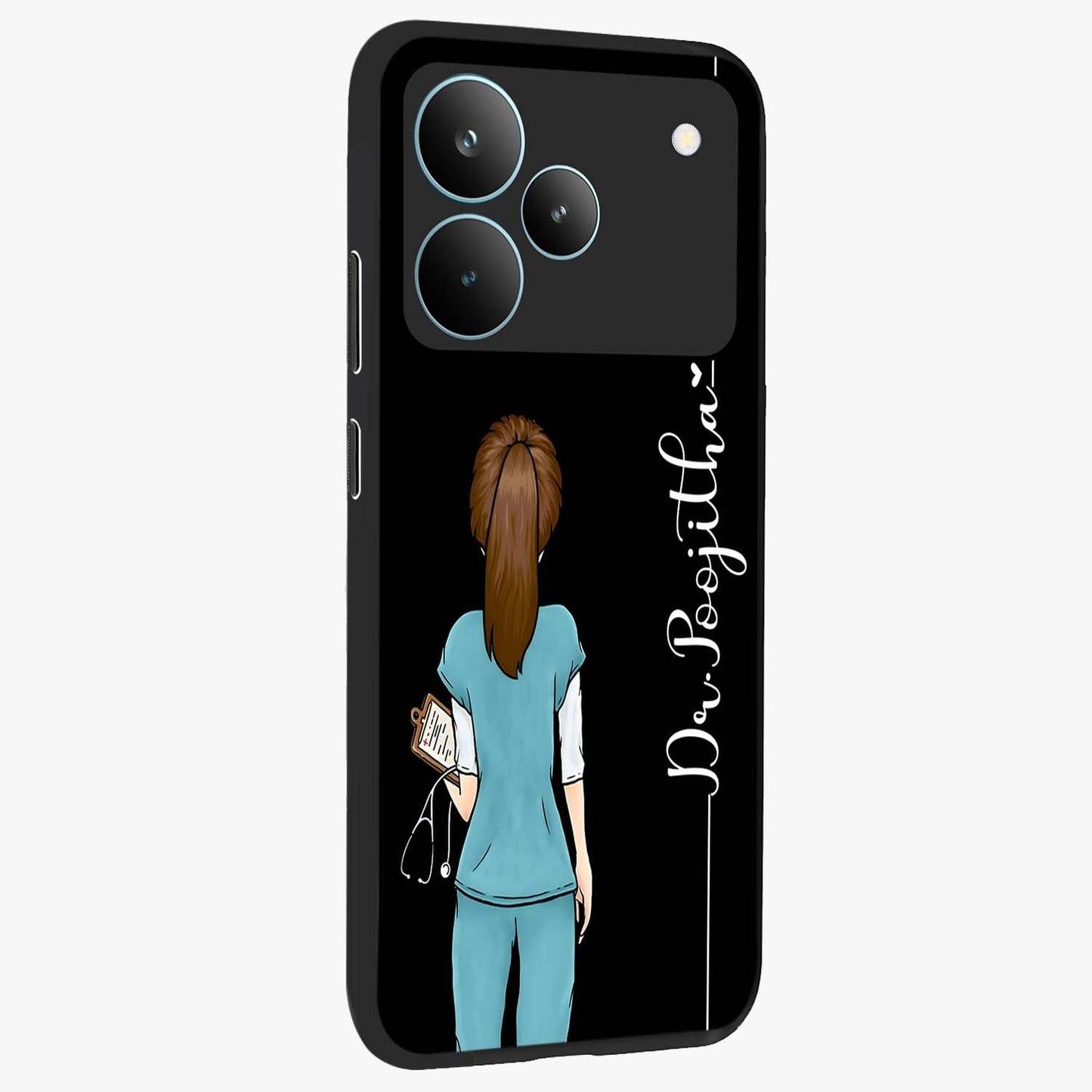 Doctor Pattern Custom Name Glass Case upright view showcasing healthcare themed design with personalized aesthetic.