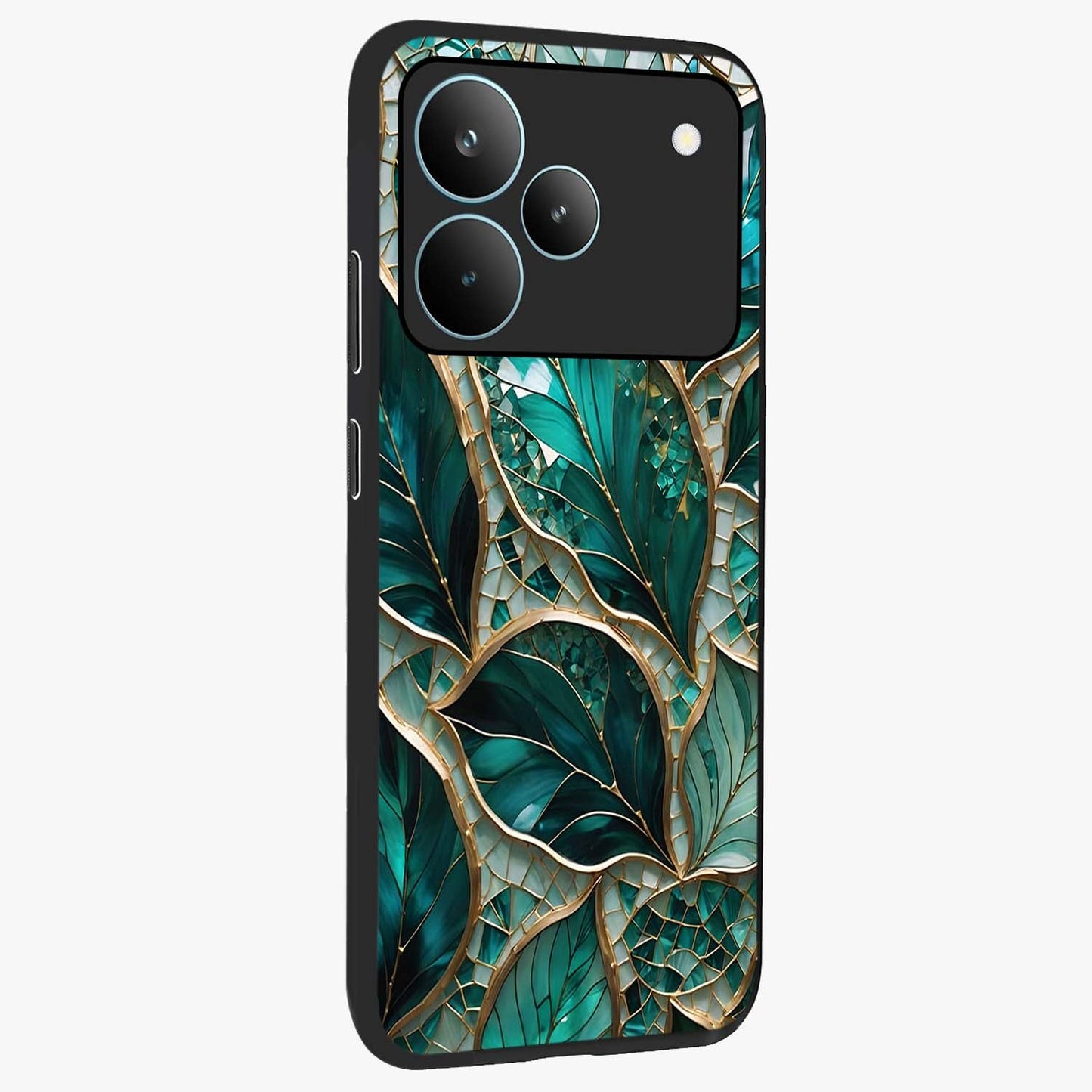 Emerald Leaf Glass Glass Case upright view showcasing fresh green leaf artwork with calming nature inspired style.