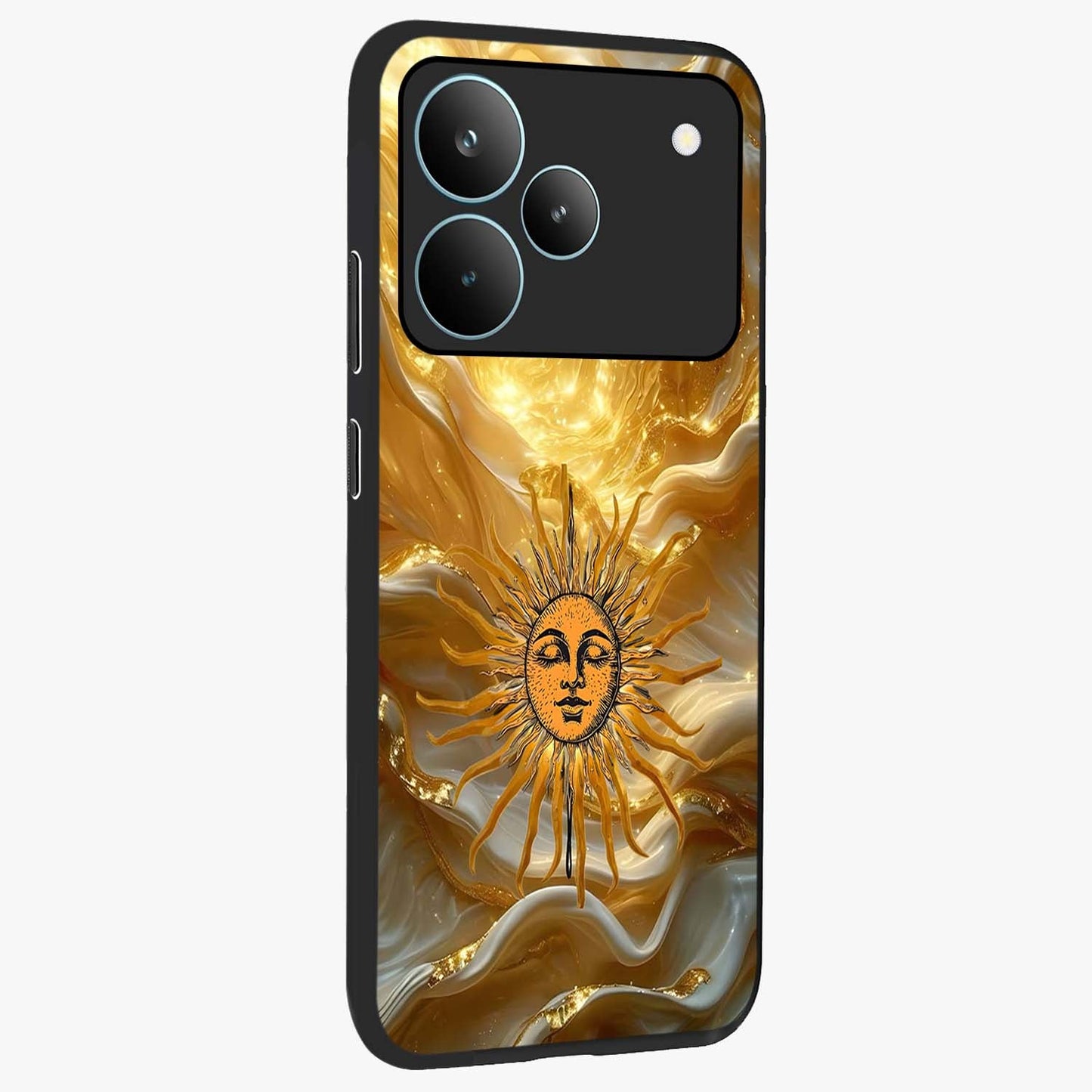 Eternal Golden Glow Glass Case upright view showcasing luminous golden artwork with luxurious visual theme.