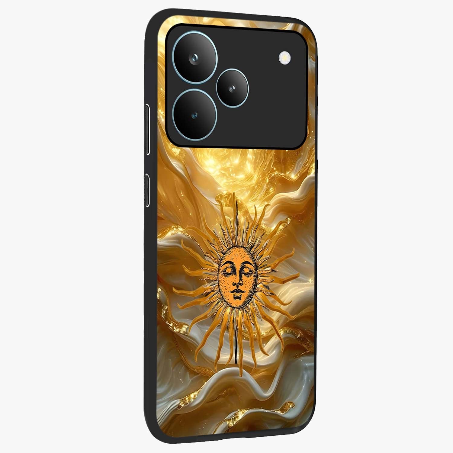 Eternal Golden Glow Glass Case upright view showcasing luminous golden artwork with luxurious visual theme.