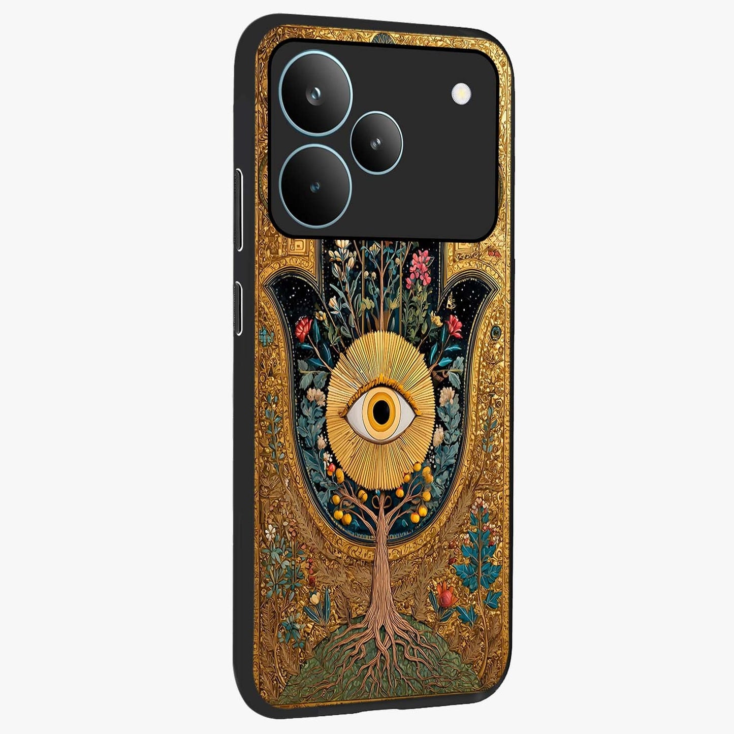 Ethereal Evil Eye Glass Case upright view showcasing celestial evil eye artwork with mystical theme.