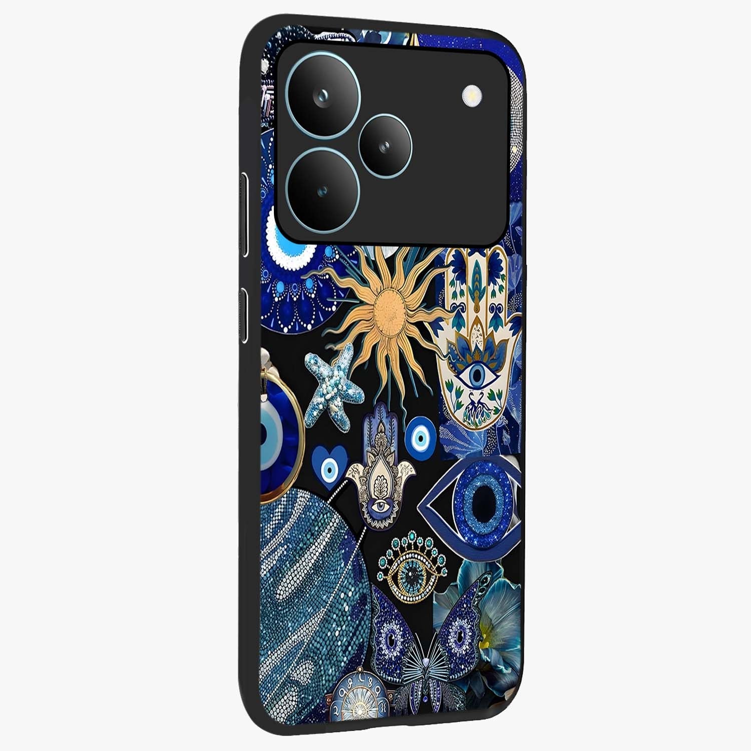 Evil Eye Charm Mix Glass Case upright view showcasing mystical evil eye pattern with vibrant decorative style.