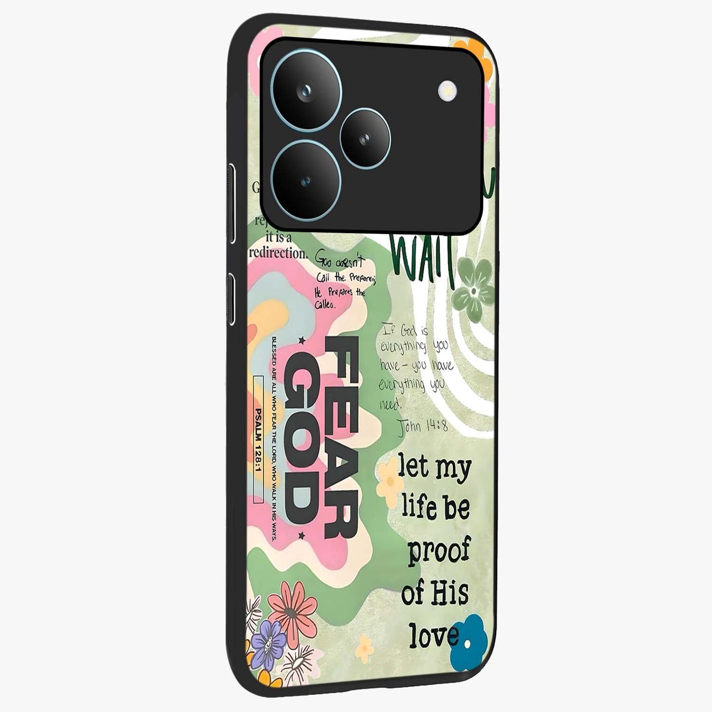 Faith Over Fear Glass Case upright view showcasing bold typography artwork with uplifting motivational theme.