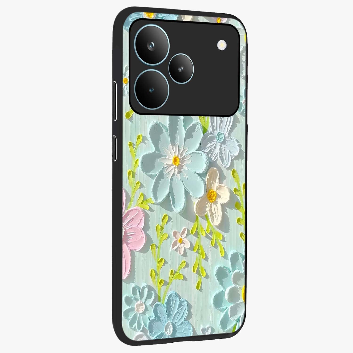 Frosted Petal Garden Glass Case upright view showcasing elegant floral garden artwork with soothing pastel theme.