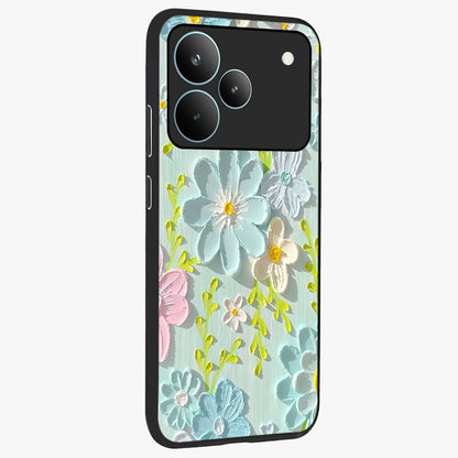 Frosted Petal Garden Glass Case upright view showcasing elegant floral garden artwork with soothing pastel theme.