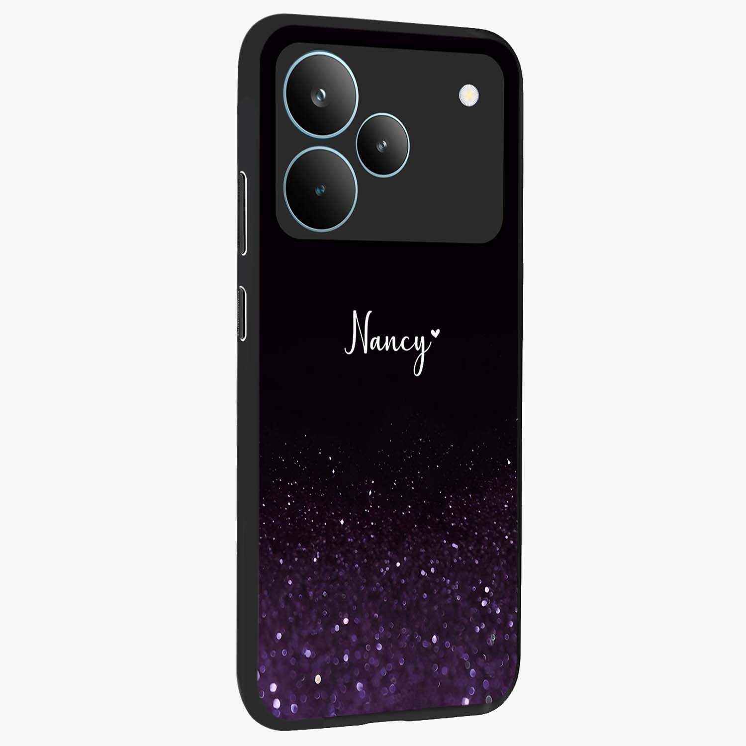 Glittery Purple Bokeh Custom Name Glass Case upright view showcasing vibrant purple sparkle artwork with personalized aesthetic style.