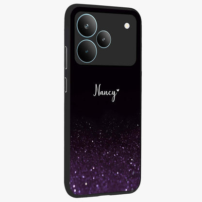 Glittery Purple Bokeh Custom Name Glass Case upright view showcasing vibrant purple sparkle artwork with personalized aesthetic style.