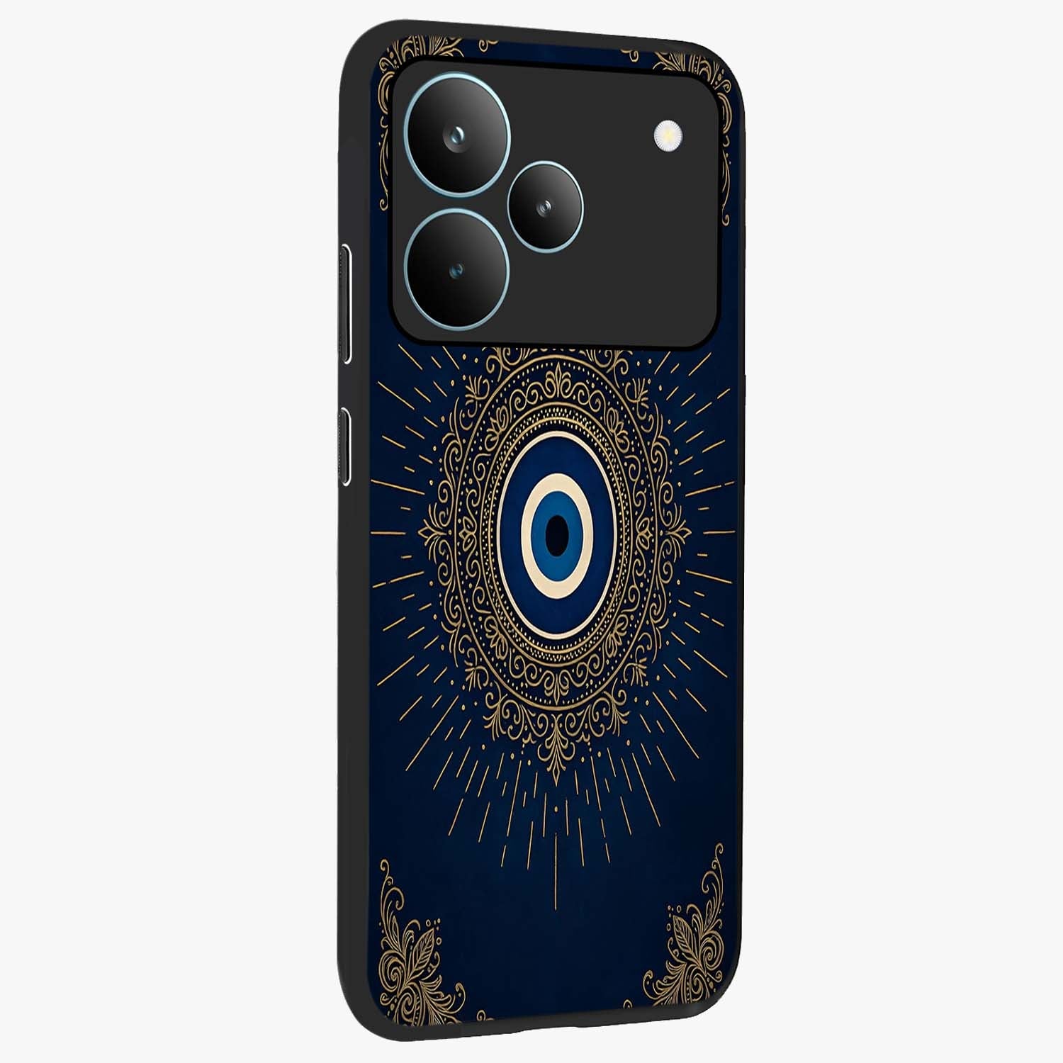 Golden Celestial Charm Glass Case upright view showcasing radiant celestial artwork with elegant golden theme.