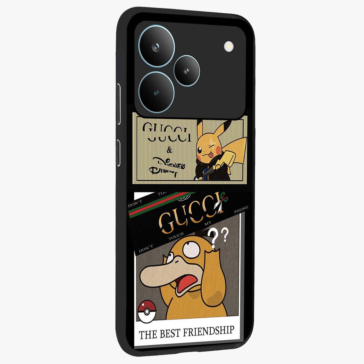 Gucci Play Mashup Glass Case upright view showcasing trendy luxury inspired artwork with modern fashion theme.