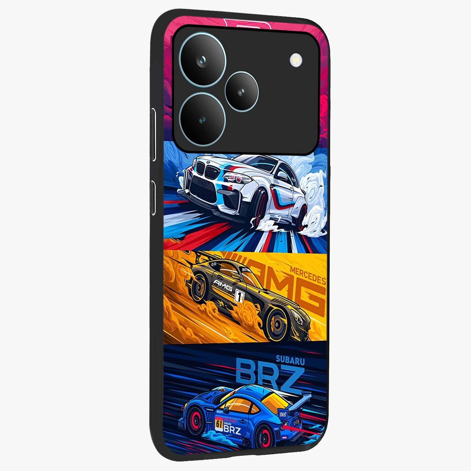 JDM Sports Car Glass Case upright view showcasing dynamic sports car artwork with bold racing theme.