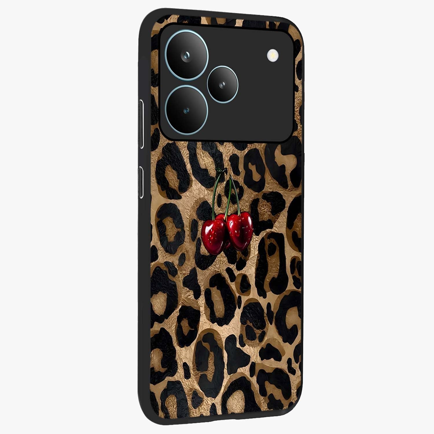 Leopard Wild Cherry Glass Case upright view showcasing stylish leopard pattern artwork with trendy fashion theme.
