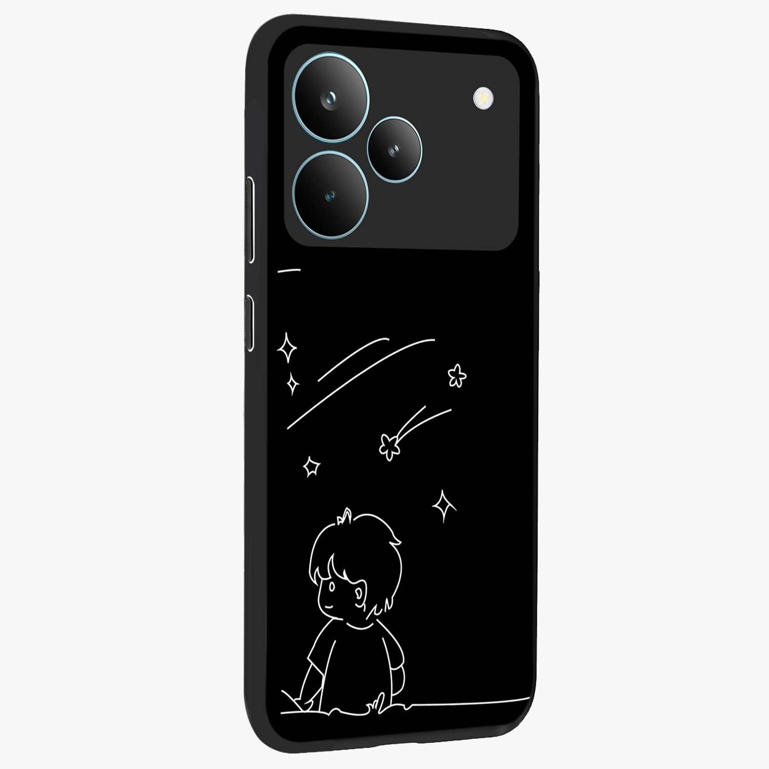 Line Art Boy With Shooting Stars Glass Case upright view showcasing artistic shooting star illustration with minimal style.