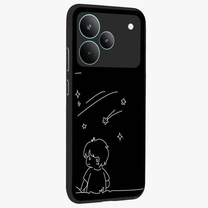 Line Art Boy With Shooting Stars Glass Case upright view showcasing artistic shooting star illustration with minimal style.