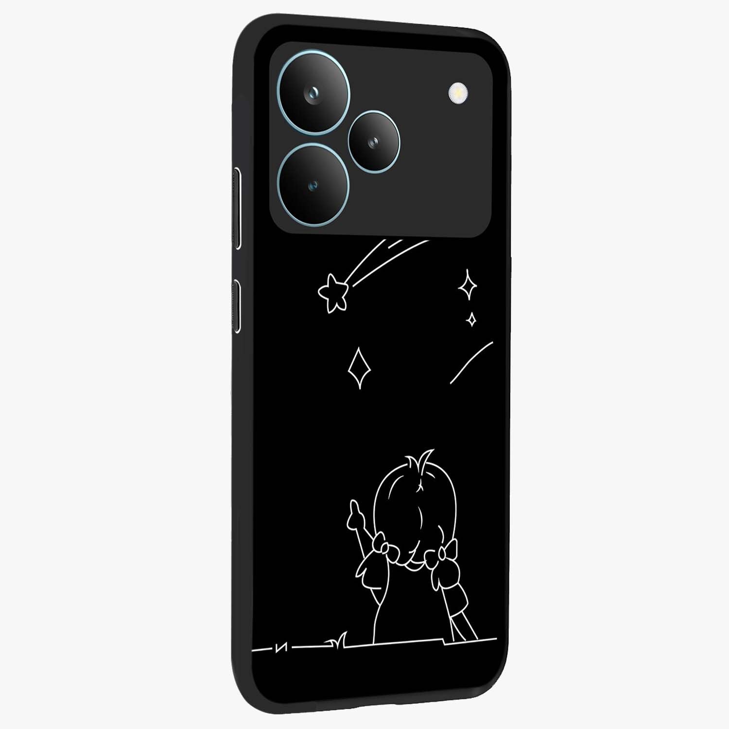 Line Art Girl With Shooting Stars Glass Case upright view showcasing delicate shooting stars artwork with minimal artistic theme.