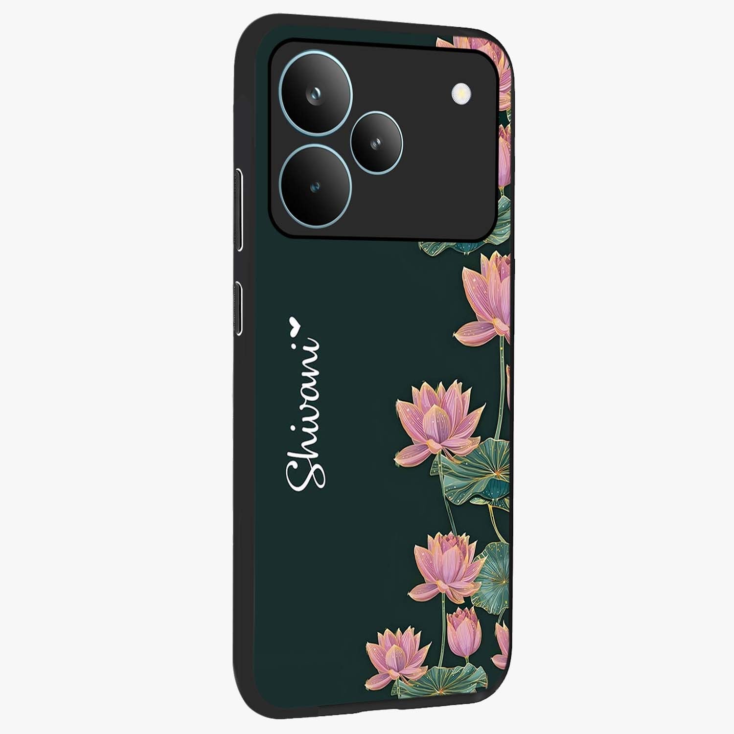Lotus Bloom Serenity Custom Name Glass Case upright view showcasing serene lotus bloom artwork with personalized floral aesthetic.