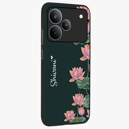Lotus Bloom Serenity Custom Name Glass Case upright view showcasing serene lotus bloom artwork with personalized floral aesthetic.