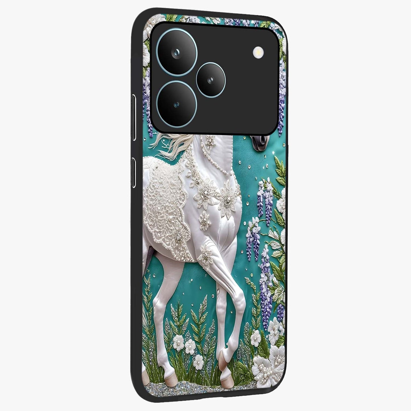 Majestic Floral Stallion Glass Case upright view showcasing dramatic horse artwork with decorative floral theme.