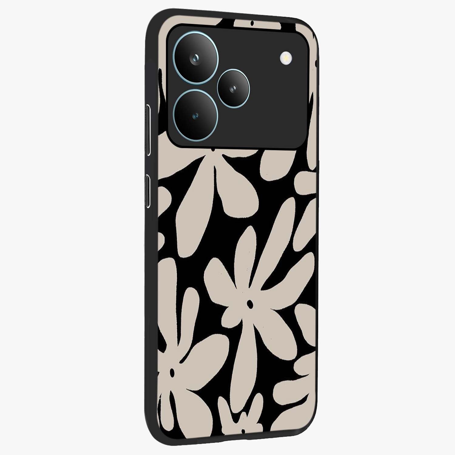 Monochrome Petal Dance Glass Case upright view showcasing artistic floral pattern with stylish monochrome theme.
