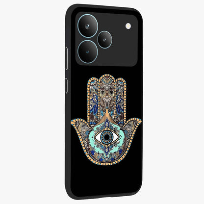 Mystic Hamsa Eye Glass Case upright view showcasing detailed hamsa eye artwork with protective spiritual theme.