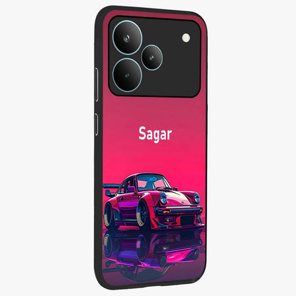 Neon Pink Porsche Glass Case upright view showcasing vibrant sports car artwork with bold automotive theme.