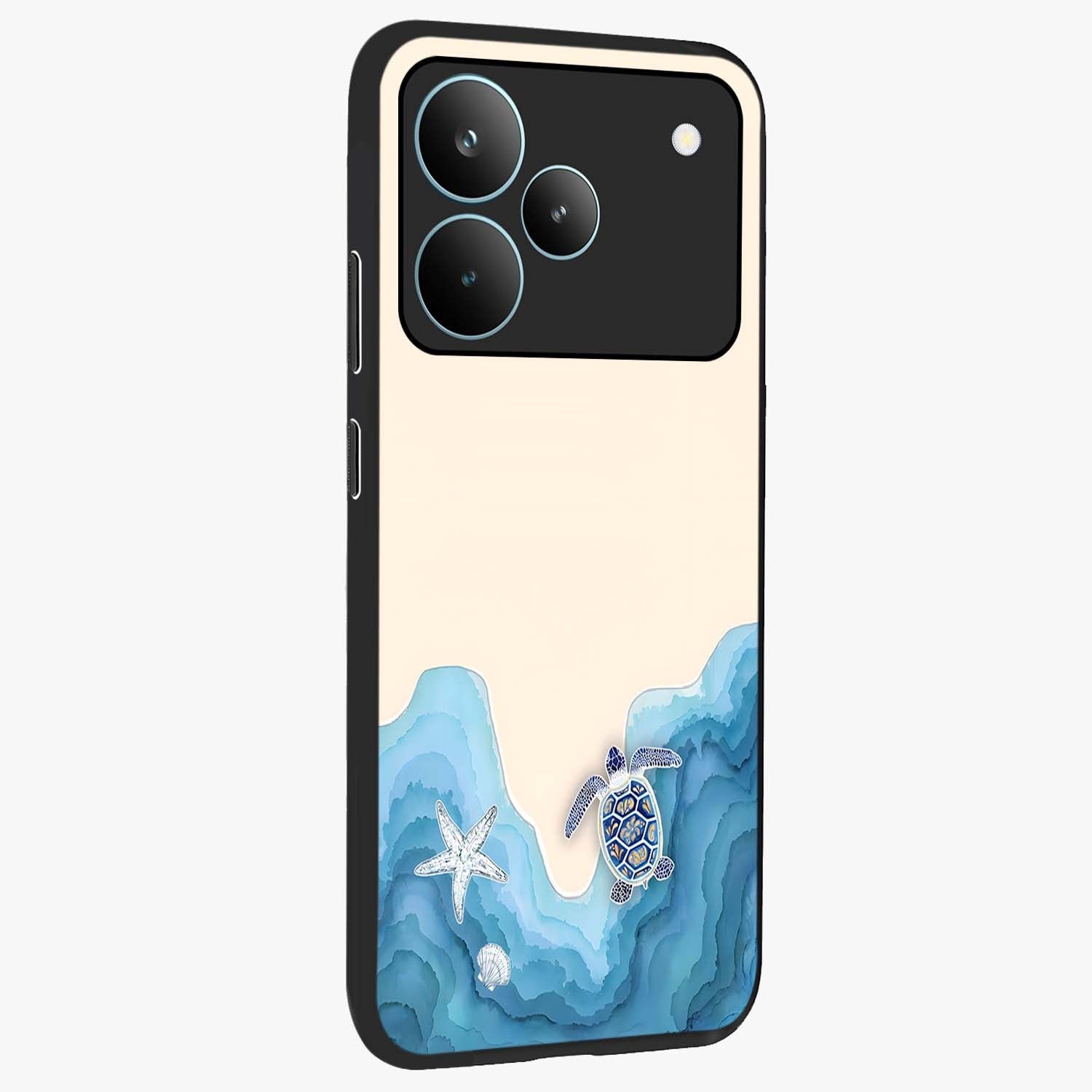 Ocean Drift Turtle Glass Case upright view showcasing calm underwater turtle artwork with nature inspired theme.