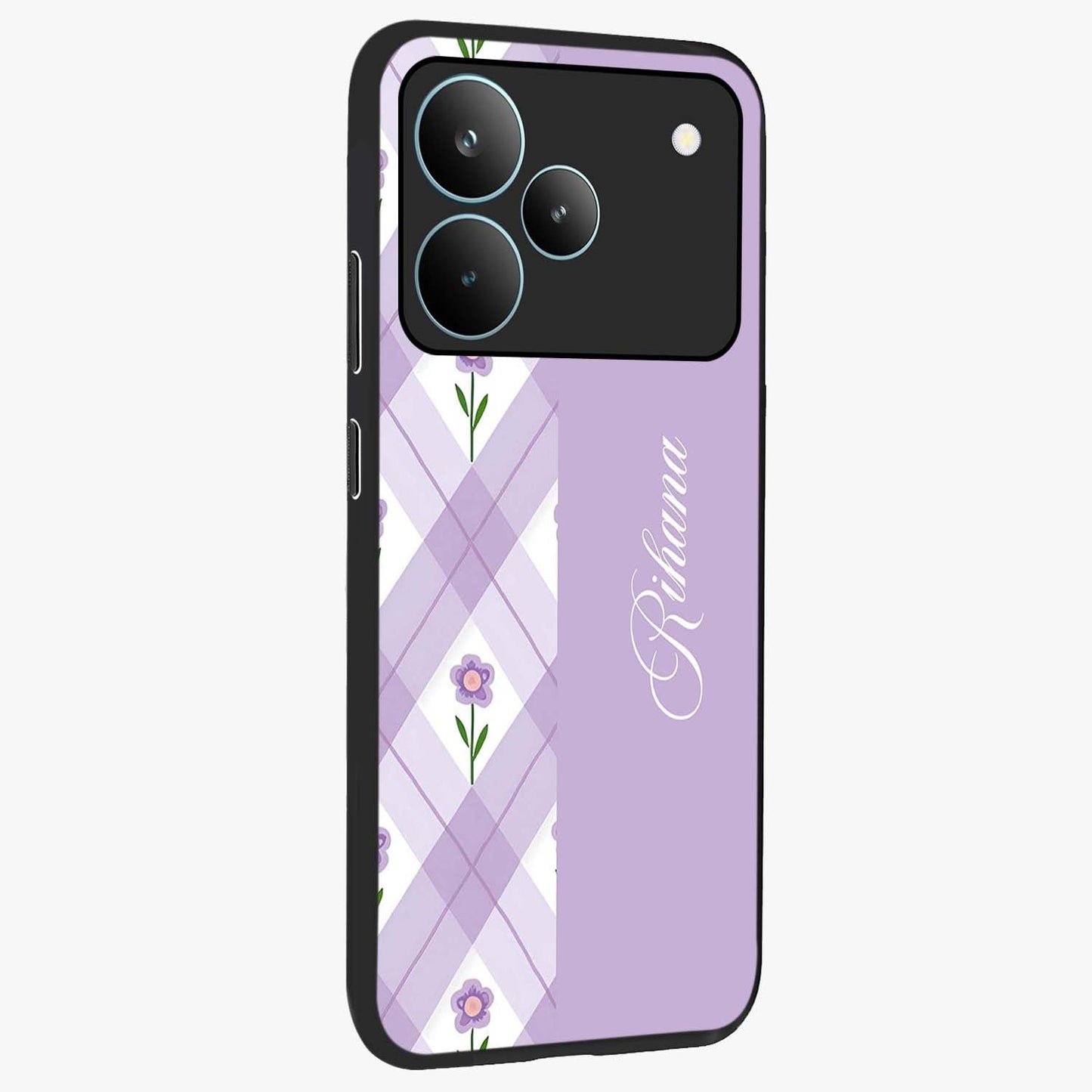 Purple Diamond Floral Glass Case upright view showcasing vibrant floral artwork with stylish geometric theme.