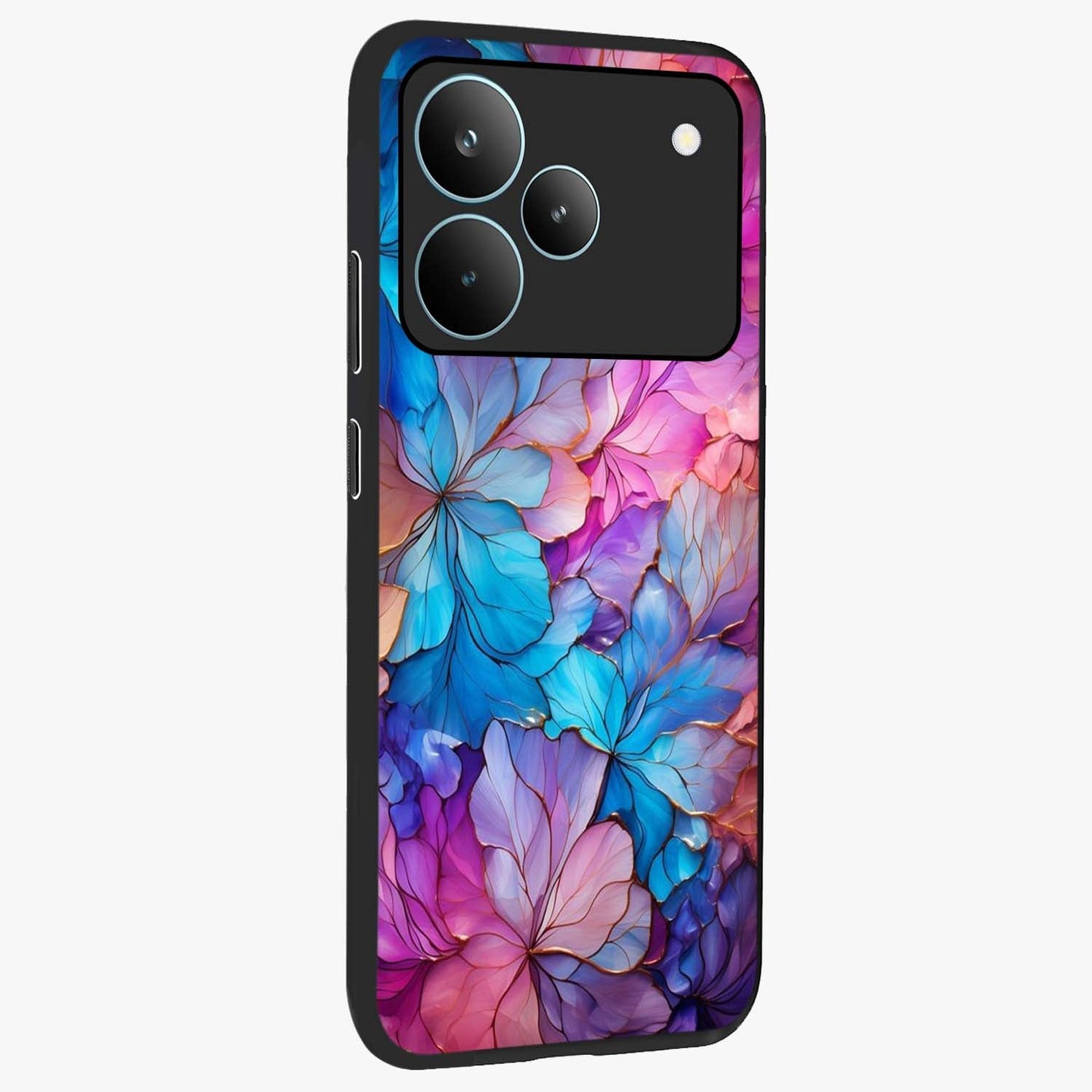 Radiant Floral Whirl Glass Case upright view showcasing lively floral artwork with decorative swirl theme.