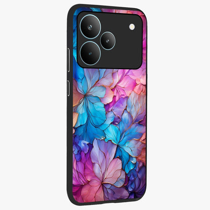 Radiant Floral Whirl Glass Case upright view showcasing lively floral artwork with decorative swirl theme.