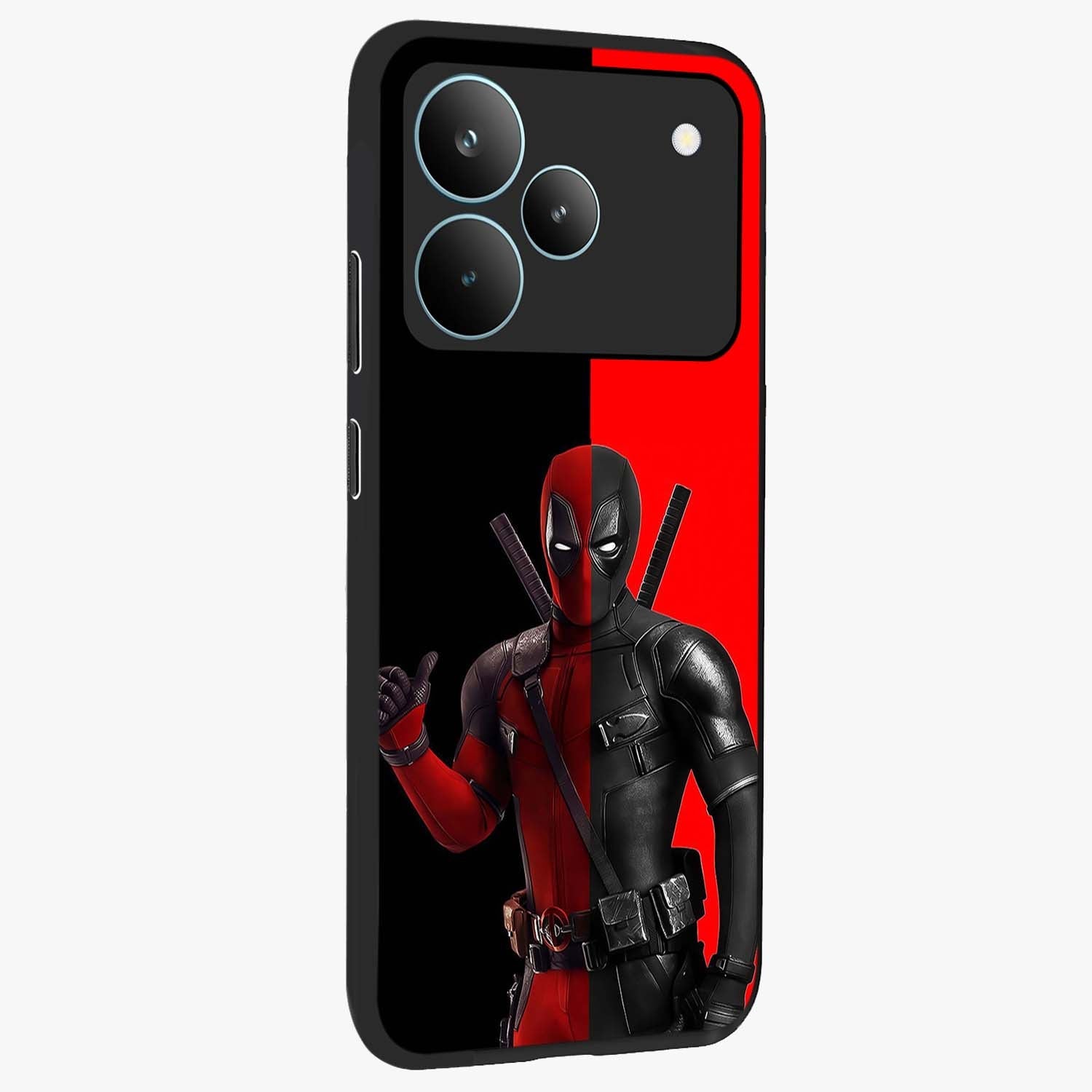 Red & Black Deadpool Theme Glass Case upright view showcasing energetic comic themed artwork with striking red and black design.