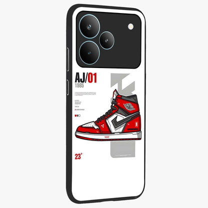 Retro Sneaker Blueprint Glass Case upright view showcasing stylish sneaker illustration with vintage streetwear theme.