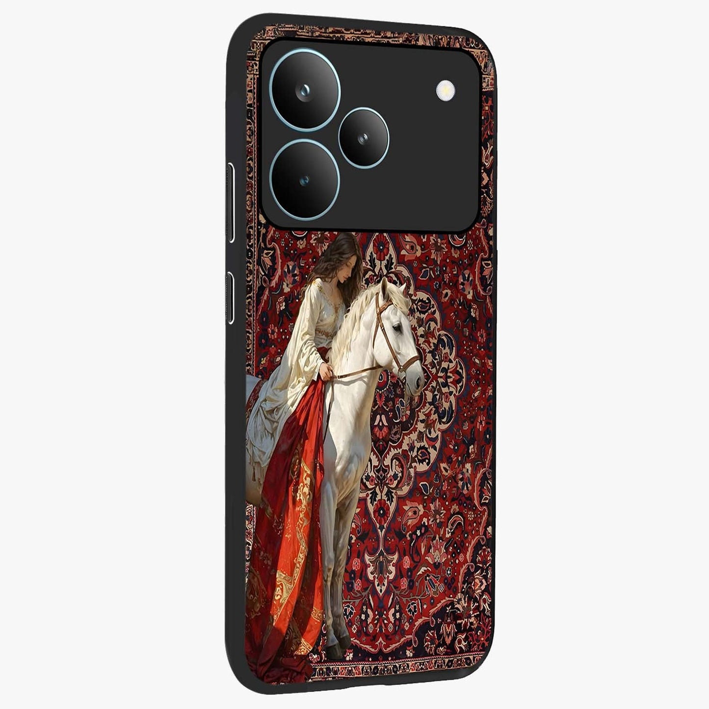 Royal Rider Tapestry Glass Case upright view showcasing detailed rider artwork with classic tapestry theme.