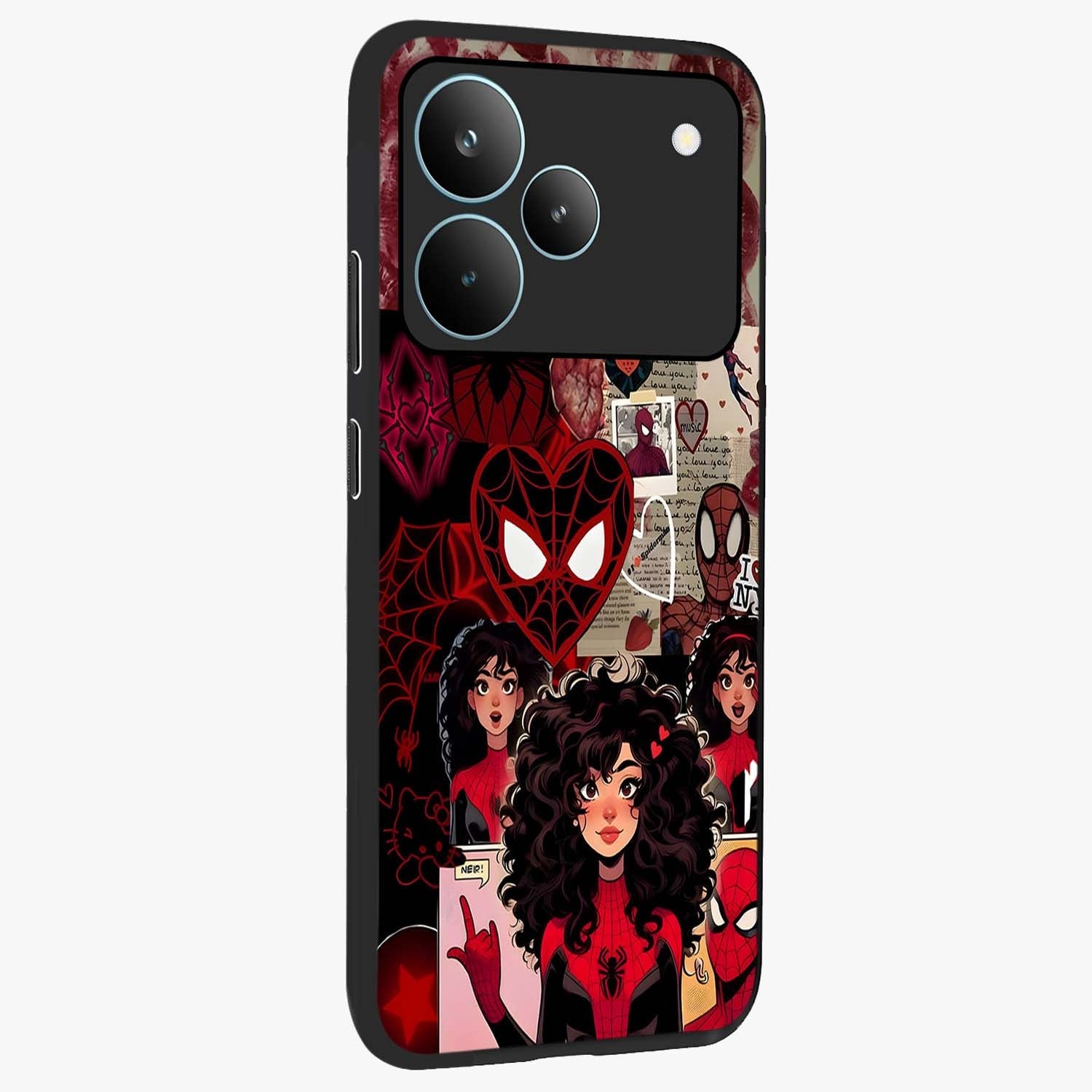 Spider Love Story Glass Case upright view showcasing charming superhero artwork with romantic comic theme.