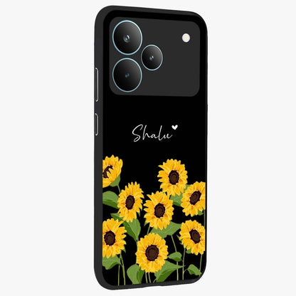 Sunflower Chic Mood Custom Name Glass Case upright view showcasing cheerful sunflower artwork with trendy floral theme.