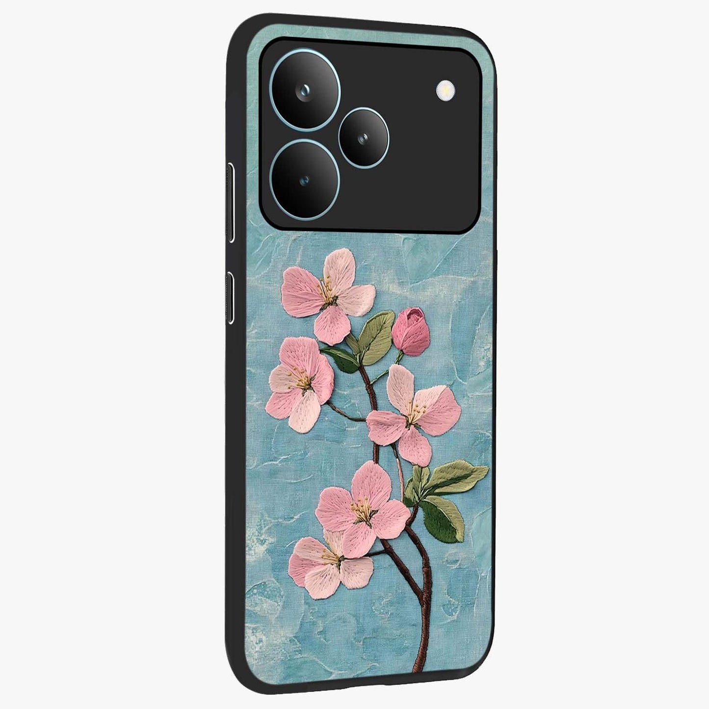 Threaded Blossom Breeze Glass Case upright view showcasing graceful flower artwork with calm botanical theme.