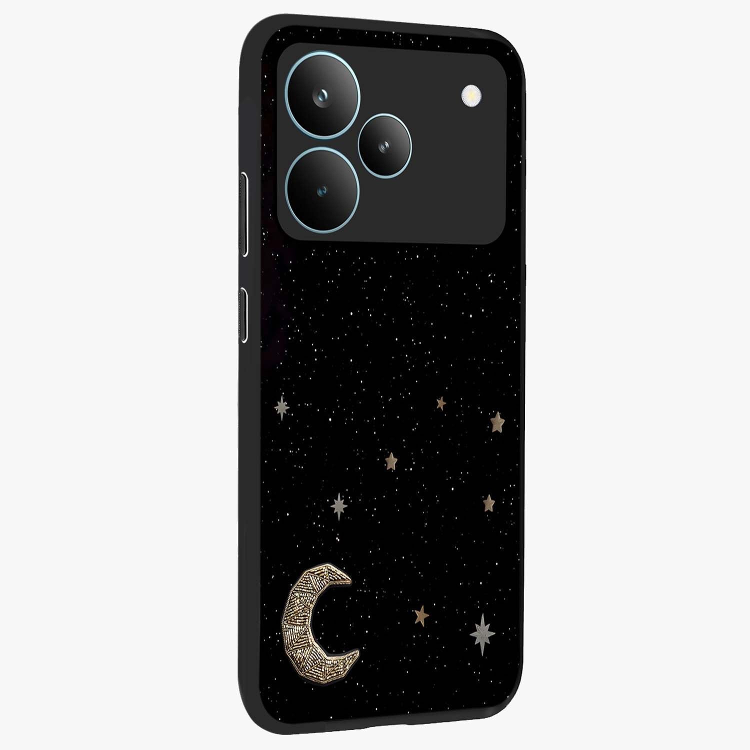 Twinkle Star With Half Moon Glass Case upright view showcasing glowing cosmic artwork with dreamy night theme.
