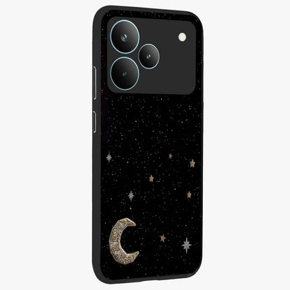 Twinkle Star With Half Moon Glass Case upright view showcasing glowing cosmic artwork with dreamy night theme.