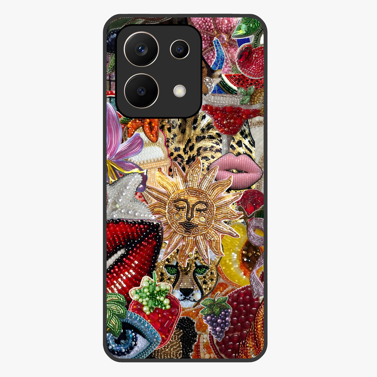 Beaded Fashion Jungle Glass Case showing flat back view with vibrant jungle inspired bead artwork and glossy glass finish.