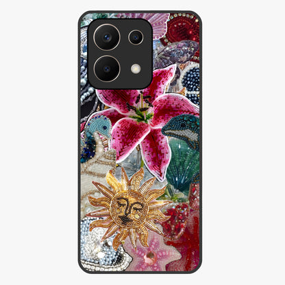 Beaded Garden Fantasy Glass Case showing flat back view with dreamy garden bead artwork and glossy glass finish.