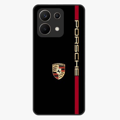 Black Minimal Porsche Glass Case showing flat back view with sleek minimal sports car artwork and glossy glass finish.