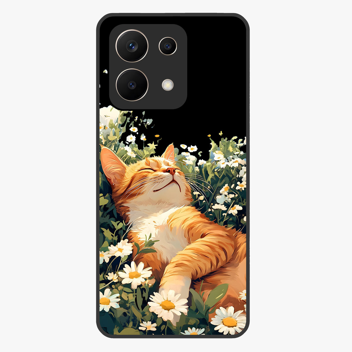 Blissful Bloom Cat Glass Case showing flat back view with cute cat and floral bloom artwork and glossy glass finish.